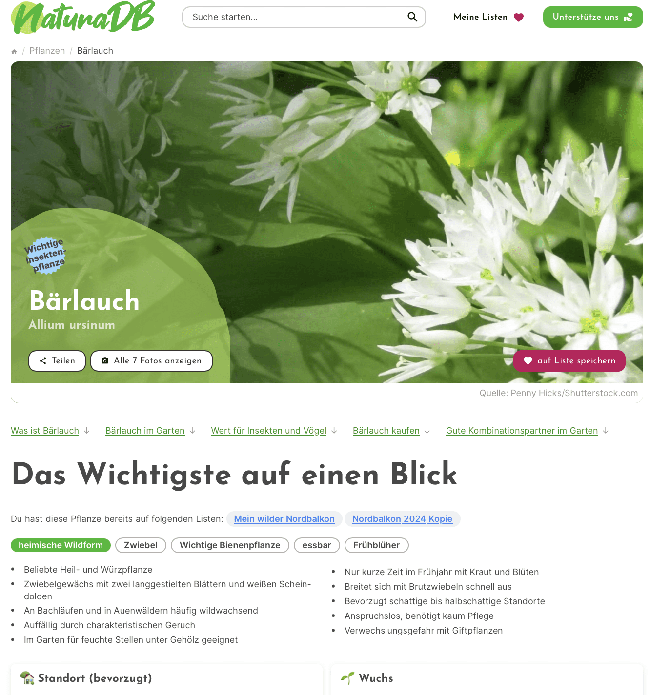 Screenshot von Webseite Natura DB, der Pflanzenprofil von Bärlauch zeigt
