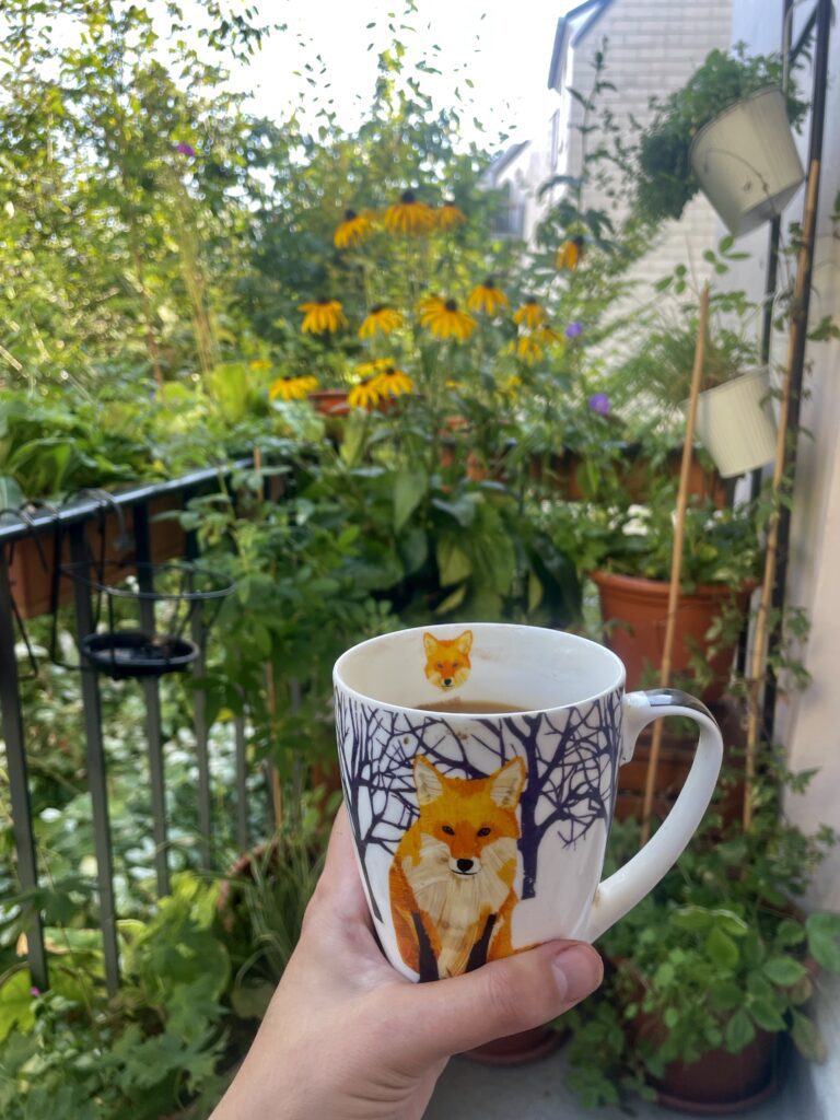 Eine Tasse mit einem orangenen Fuchs wird vor dem Blätter- und Blütenmeer des Balkons in die Kamera gehalten