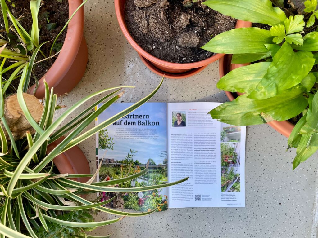 Zeitschrift auf Balkonboden zwischen Pflanzen