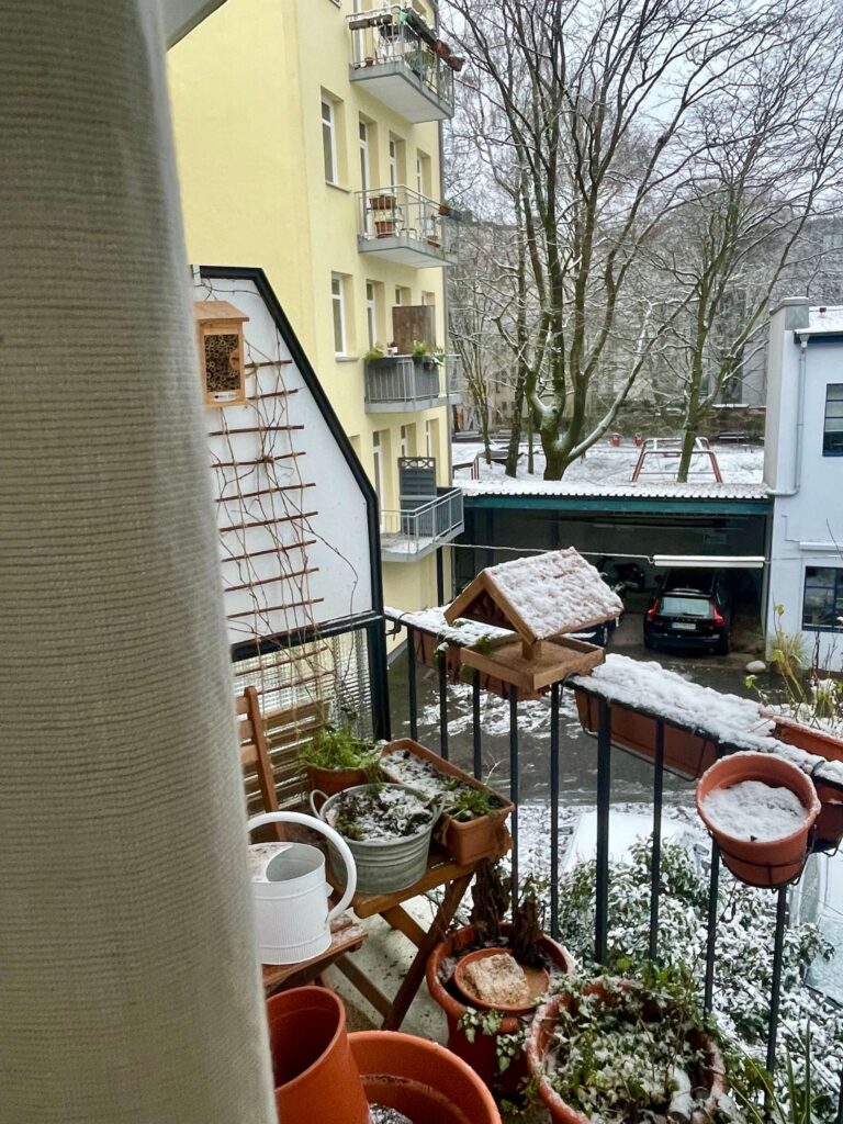 Schneebedeckter Nordbalkon im Winter