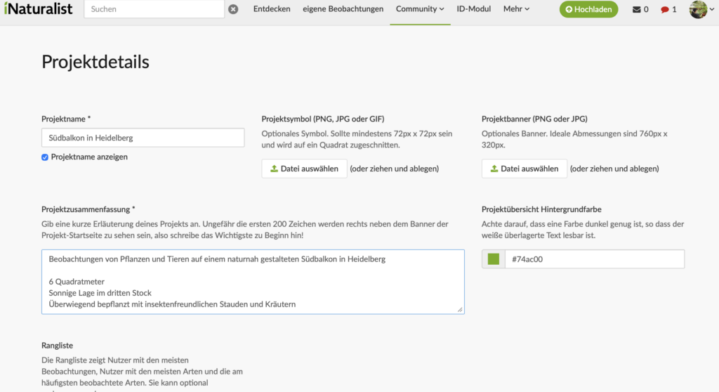 Screenshot der Projekteinstellungen iNaturalist